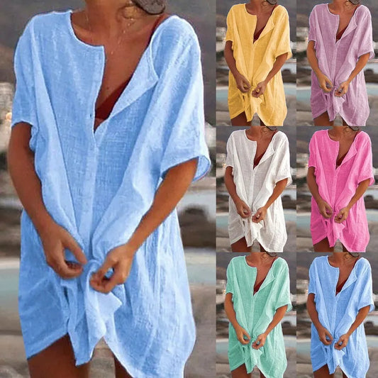 Cover-Ups Women Blouse Beach Shirt Cotton Linen Long Blouse Fashion Casual Solid Color Beach Dress